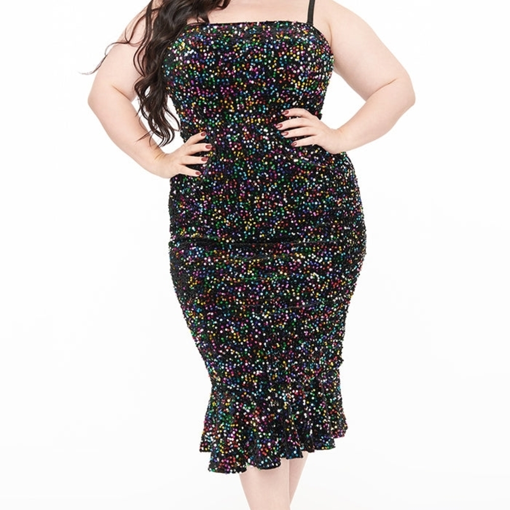 Unique Vintage Black Velvet Rainbow Sequin Wiggle Dress- Size 4x (22/24)